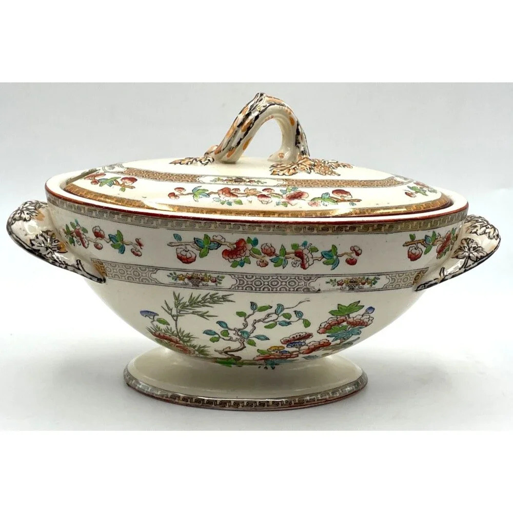 Rare Antique Copeland Indian Tree Tureen w/ Handles Spoon Notch 8x5x4